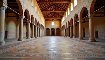  Elegant corridor of a historic building with ornate floor and arched columns