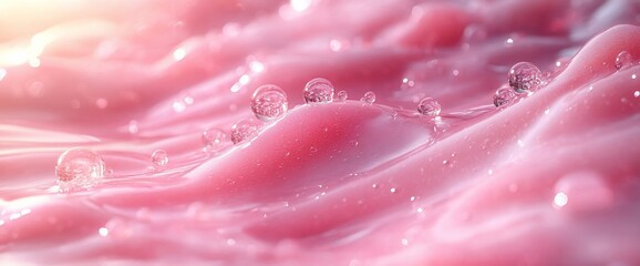 Wall Mural - A close-up view of pink, glossy liquid with bubbles, creating a dreamy atmosphere.