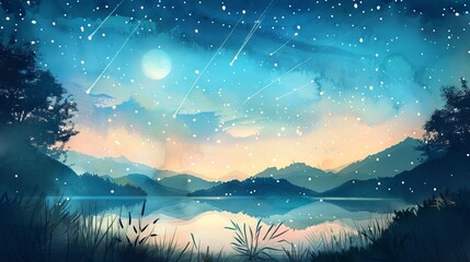 watercolor illustration of a serene landscape under starry night sky with comet shower, reflecting c