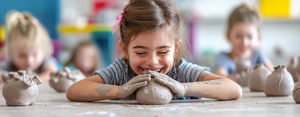 Child engaged in pottery class, smiling, focused on her clay creation.