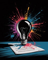 Wall Mural - a creative illustration of a light bulb exploding, releasing colorful paint splatters onto a black b