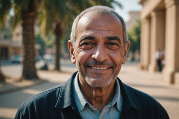 Close portrait of a smiling senior Egyptian man looking at the camera, Egyptian outdoors blurred background