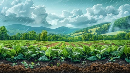 Poster - Image depicting the effects of acid rain on a rural landscape with visibly damaged crops and eroded soil highlighting the impact of increased atmospheric acidity. high resolution Illustration, in the