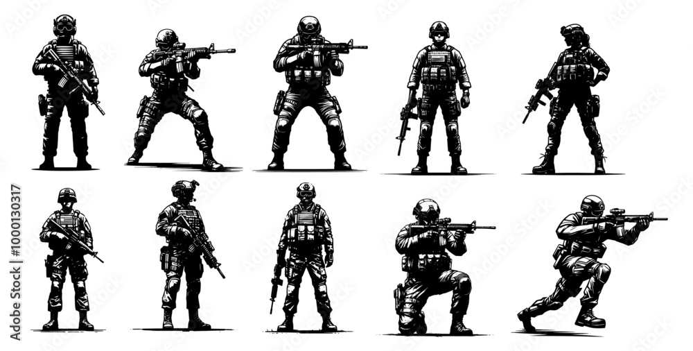 black and white detailed illustration of armed soldiers in various ...