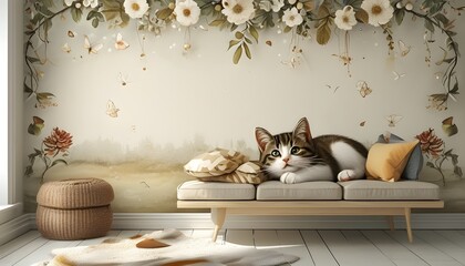 Wall Mural - Charming Daydreaming Cat Illustration for Playful Room Wall Decor and Animal-Themed Wallpaper