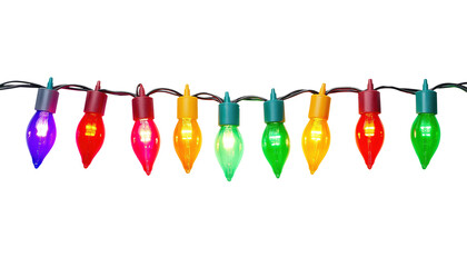 Wall Mural - a string of colorful christmas lights with bulbs lit up in red, green, blue, and yellow isolated on 