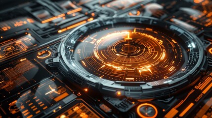 Poster - Close-up of a futuristic digital display with orange UI.
