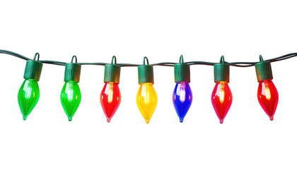 a string of colorful christmas lights with bulbs lit up in red, green, blue, and yellow isolated on 
