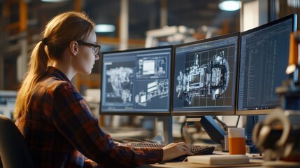 Poster - Confident female industrial engineer working on multi monitor displays, on design software