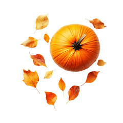 Wall Mural - A bright orange pumpkin surrounded by scattered autumn leaves, symbolizing fall, harvest season, and Halloween