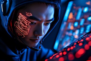 Poster - Futuristic hacker breaking into a digital fortress, using advanced AI tools and glowing code streams, with a neon-lit cyberpunk city in the background
