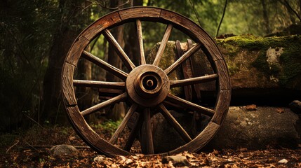 An old wooden wagon wheel leaning up in outdoor area. Neural network ai generated art