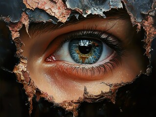 Canvas Print - Intriguing Blue Eye Peeking Through Cracked Surface