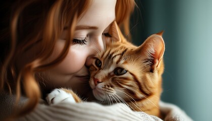 Wall Mural - Intimate portrait of woman cuddling and kissing her ginger cat, capturing the heartwarming bond between pet and owner