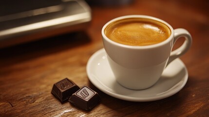 Poster - A close-up of a coffee cup with rich espresso, accompanied by a small piece of dark chocolate on the side, showcasing an indulgent coffee moment.