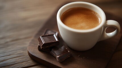 Poster - A close-up of a coffee cup with rich espresso, accompanied by a small piece of dark chocolate on the side, showcasing an indulgent coffee moment.
