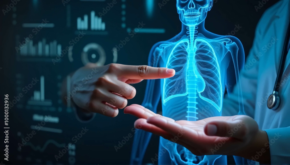 Individual, hands, and medical x-ray of lungs for research on ...