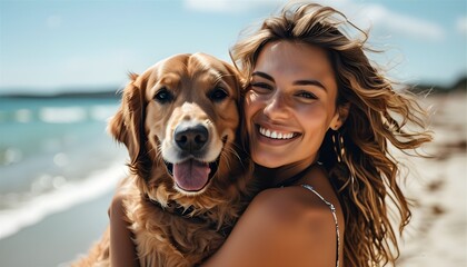 Wall Mural - Joyful summer beach adventure with a woman and her Golden Retriever enjoying the sun and surf together