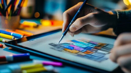 Aufkleber - A close-up of a designer's workspace with a tablet, sketchbook, and colorful markers, emphasizing the artistic process and tools used in graphic creation.
