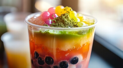Poster - A close-up of a bubble tea cup with a mix of colorful pearls and a sprinkle of matcha powder on top, emphasizing the trendy fusion of flavors and textures in this drink.