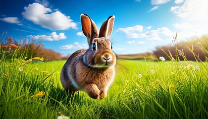 A lively image of a cute rabbit sprinting through a lush green meadow.