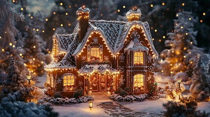 A Festive Gingerbread House in a Snowy Forest with Lights