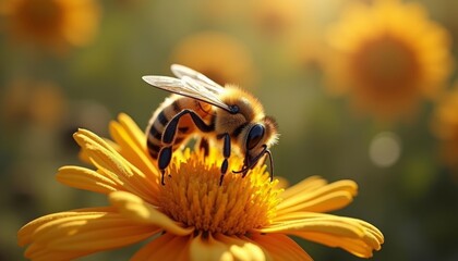 Wall Mural -  Beeautiful interaction  A bee visits a sunflower