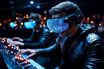 Aufkleber - Futuristic holographic concert, where musicians play virtual instruments that project glowing, 3D soundwaves, with a digital audience watching through VR headsets