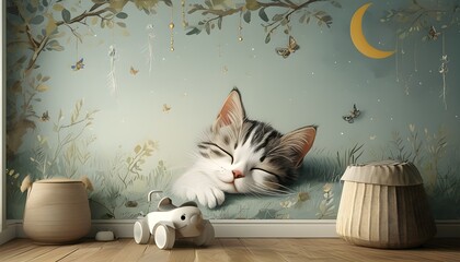 Wall Mural - Charming Daydreaming Cat Illustration for Playful Room Wall Decor and Animal-Themed Wallpaper