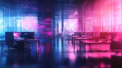 Poster - modern neon cyberpunk open space office interior blurred with information technology overlay. corpor