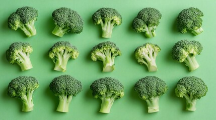 Broccoli isolated on color background. Whole, half, slice, cut broccoli set. Green vegetables close-up. Minimalism aesthetic image. Fresh raw broccoli. Organic food. Vegetrian food. AI generation.