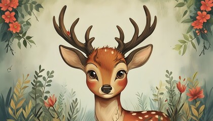 Poster - Charming Stag with Majestic Antlers in Colorful Flower Garden for Whimsical Room Décor and Animal Wallpaper