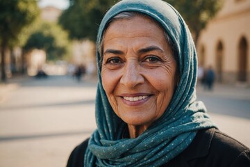 Wall Mural - Close portrait of a smiling senior Libyan woman looking at the camera, Libyan outdoors blurred background