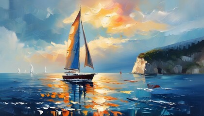 Poster - serene oil paint seascape featuring a majestic yacht gliding through tranquil waters