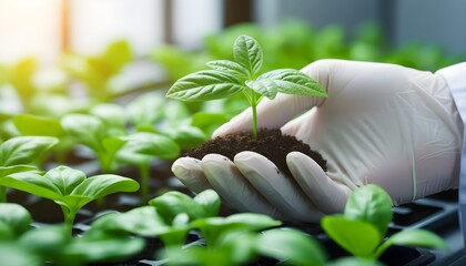 Wall Mural - Nurturing Young Plant with Biologists Gloved Hand Symbolizing Biotechnology and Care