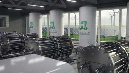 generation of green hydrogen in a renewable production plant. realistic 3d render.