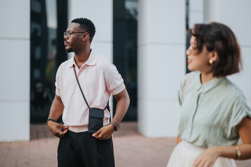 Wall Mural - A diverse business team engages in a casual outdoor meeting, fostering collaboration and fresh ideas. The setting promotes a relaxed yet professional atmosphere for productive discussions.