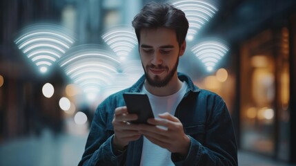 Poster - Wifi internet access concept. man using smartphone connect communication, social network, business contact, online shopping via internet wifi hotspot high speed. Fast internet wifi hotspot sharing.