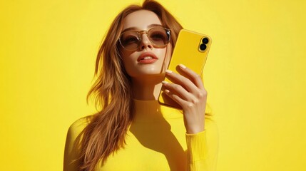 Wall Mural - woman with phone on yellow background . AI Generated