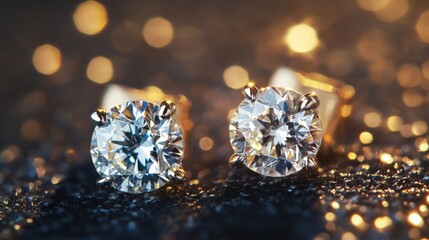Poster - A close-up of elegant diamond stud earrings sparkling against a dark, plush background, showcasing their clarity and brilliance.
