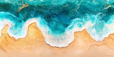 Wall Mural - Aerial View of Turquoise Ocean Waves Crashing on Sandy Beach