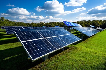 Poster - Futuristic solar farm with holographic displays, showing real-time data on energy production and efficiency, with advanced AI managing the panels