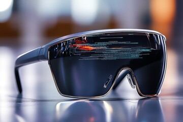 Aufkleber - Futuristic sunglasses with augmented reality lenses, displaying holographic data overlays on a sleek, modern frame, designed for high-tech fashion