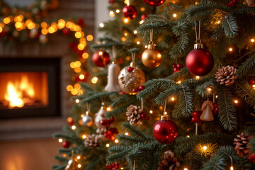 A beautifully decorated Christmas tree adorned with red and gold ornaments stands beside a crackling fireplace, creating a warm ambiance in a festive atmosphere - Generative AI