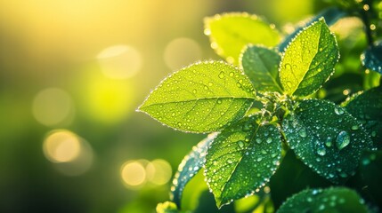 Poster - A close-up of vibrant green leaves with delicate dew drops clinging to their surface, glistening in the morning light against a blurred background.