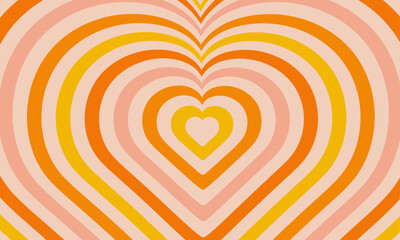 Leinwandbilder - Groovy Y2K background. Tunnel of Concentric shiny yellow orange pink hearts. Romantic cute illustration. Trendy twisted and distorted texture in retro 2000s style