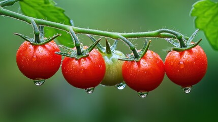 Wall Mural - Fresh Red Tomatoes Hanging On Lush Green Vine With Dew Drops