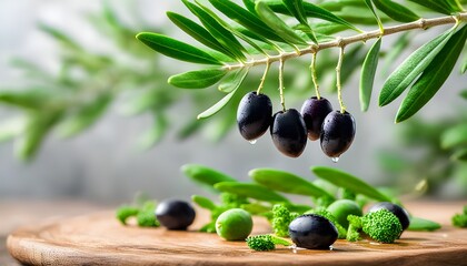 Wall Mural - Lush black olives on a vibrant olive tree branch with a soft, blurred background creating perfect copy space