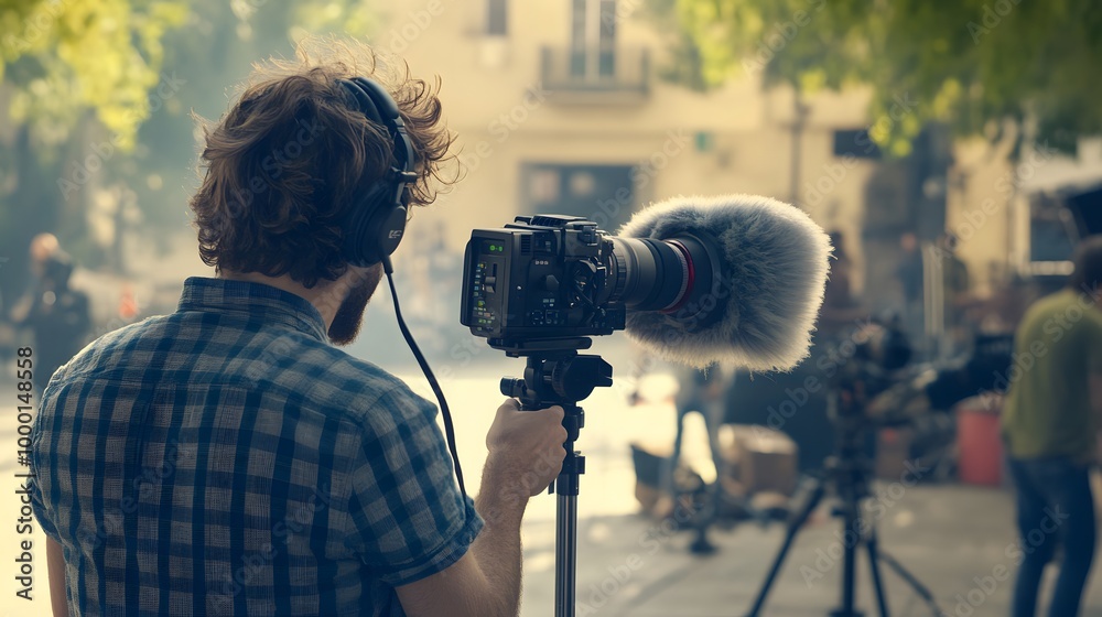 Man Filming Street Scene with Professional Equipment on Tripod Stock ...