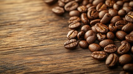 Poster - A close-up shot of freshly roasted coffee beans scattered on a wooden table, highlighting their rich texture and deep brown color, inviting coffee lovers to indulge.